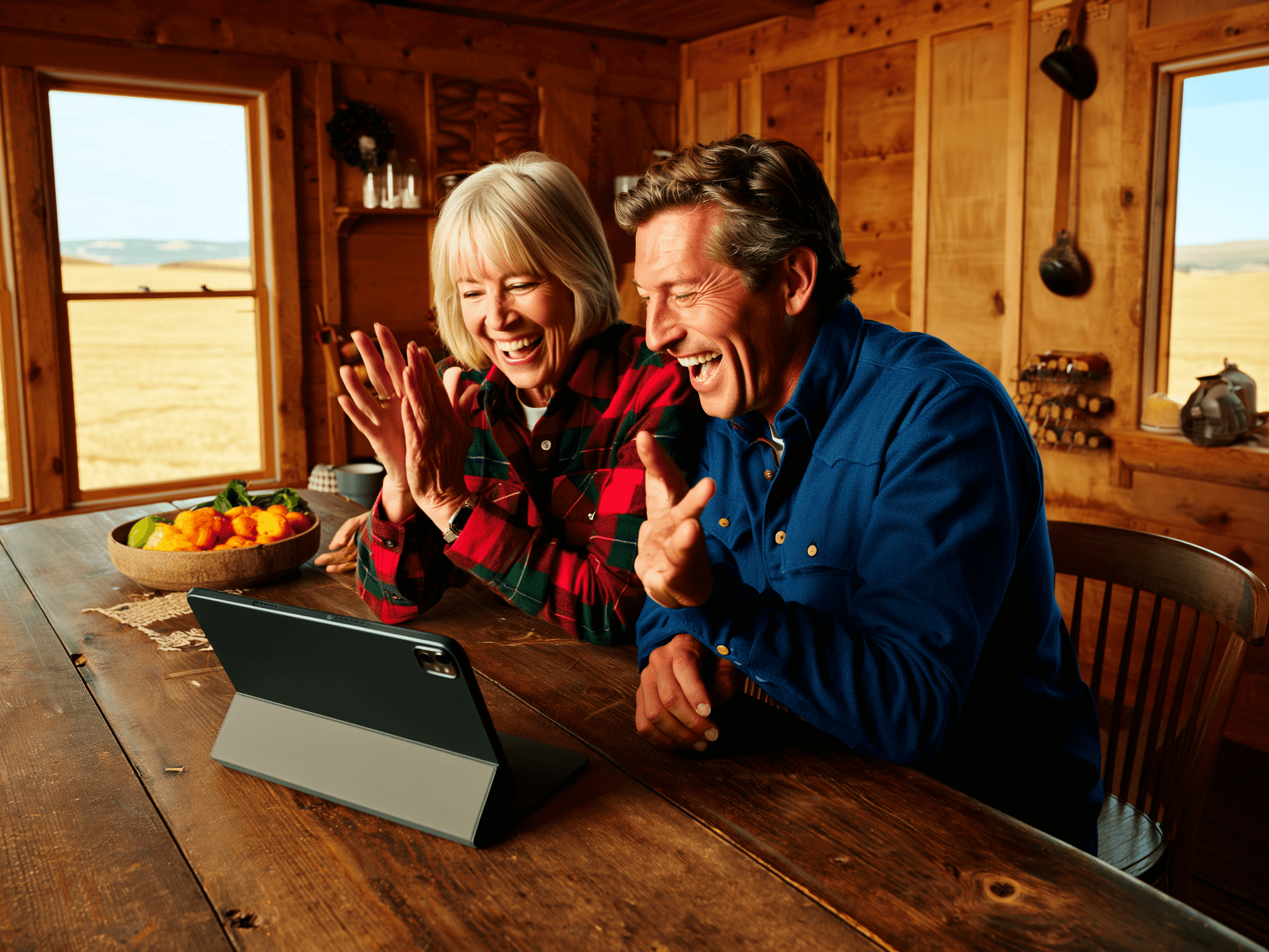 A couple smiling together during a video call with their audiologist at home